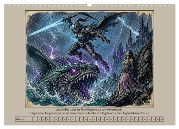 Produktbild: Ritter Roland in der Cyberwelt: Orlando furioso im Cyberpunk-Stil (hochwertiger Premium Wandkalender 2027 DIN A2 quer), Kunstdruck in Hochglanz