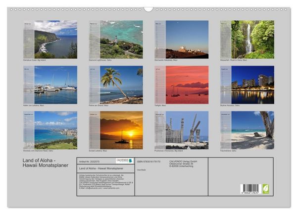 Produktbild: Land of Aloha - Hawaii Monatsplaner (Wandkalender 2026 DIN A2 quer), CALVENDO Monatskalender
