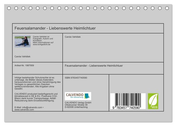 Produktbild: Feuersalamander - Liebenswerte Heimlichtuer (Tischkalender 2026 DIN A5 quer), CALVENDO Monatskalender