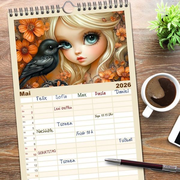 Produktbild: Familienplaner 2026 - Vertr&auml;umte M&auml;dchen. Tiere, Blumen, Liebe. mit 5 Spalten (Wandkalender, 21 x 45 cm) CALVENDO