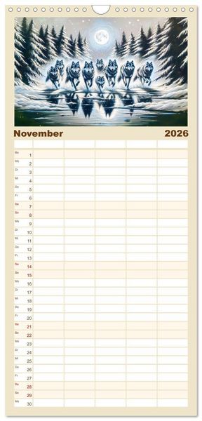 Produktbild: Familienplaner 2026 - Die Eleganz der W&ouml;lfe - Mythische Begegnungen in der Natur mit 5 Spalten (Wandkalender, 21 x 45 cm) CALVENDO