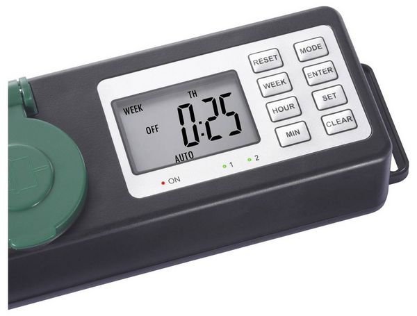 Produktbild: Sygonix SY-6786454 Gartensteckdose mit Zeitschaltuhr 3fach Schwarz, Gr&uuml;n Schutzkontakt 1St.