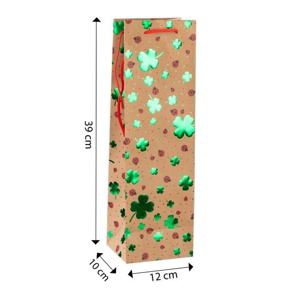 Produktbild: Idena Flaschentasche Kleeblatt & Marienk&auml;fer Kraftpapier 12x39x10cm 140g/m&sup2; Hei&szlig;pr&auml;gung