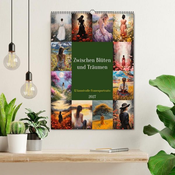 Produktbild: Zwischen Bl&uuml;ten und Tr&auml;umen - 12 kunstvolle Frauenportraits (Wandkalender 2027 DIN A2 hoch), CALVENDO Monatskalender