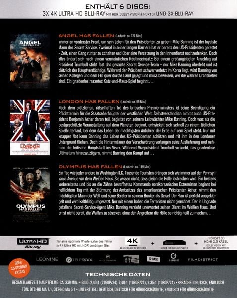 Produktbild: Olympus Has Fallen - Die Welt in Gefahr/London Has Fallen/Angel Has Fallen - Triple Film Collection (3 4K Ultra HD) (+ 3 Blu-ray 2D)