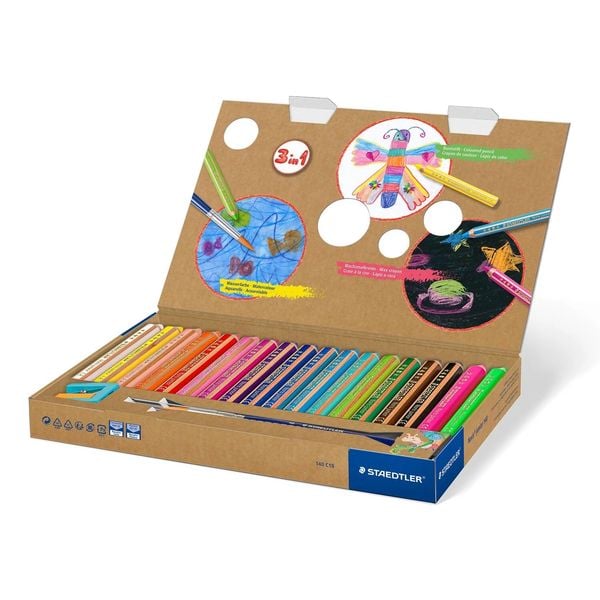 Produktbild: STAEDTLER Noris junior 140 Kindermalstift 3 in 1, Kartonetui mit 18 Malstiften in sortierten Farben, 1 Spitzer und 1 Pinsel, 140 C18