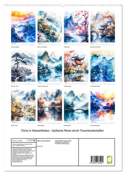 Produktbild: China in Wasserfarben - Idyllische Reise durch Traumlandschaften (hochwertiger Premium Wandkalender 2026 DIN A2 hoch), Kunstdruck in Hochglanz