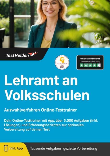 Produktbild: Lehramt an Volksschulen: Auswahlverfahren Online-Testtrainer | Dein Online-Testtrainer mit App, &uuml;ber 5.000 Aufgaben (inkl. L&ouml;sungen) und Erfahrungsberichten zur optimalen Vorbereitung auf deinen Test