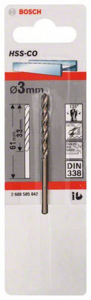 Produktbild: Bosch Accessories 2608585842 HSS Metall-Spiralbohrer 3 mm Gesamtl&auml;nge 61 mm Cobalt DIN 338 Zylinderschaft 1 St.