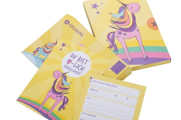Produktbild: 12 Einladungskarten Geburtstag Einhorn (Handgemachte Einladungskarten Kindergeburtstag inkl. 12 liebevollen Hand designten Briefumschl&auml;gen)