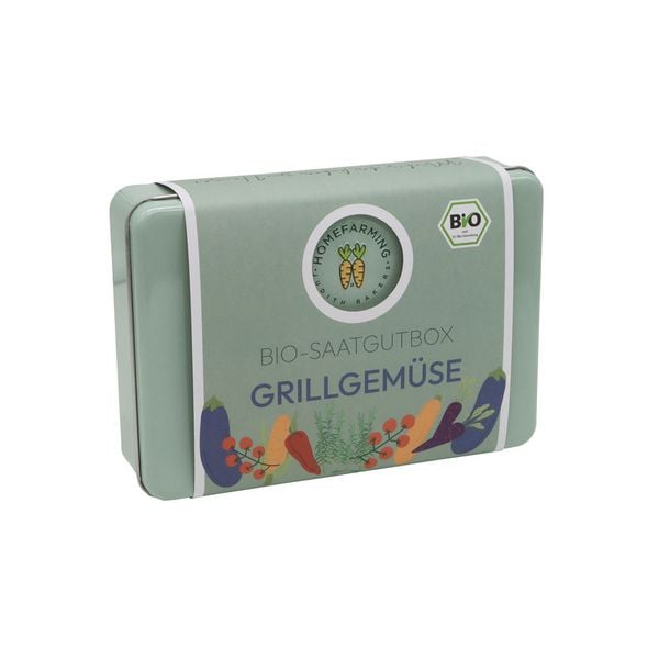 Produktbild: Saatgut Bio-Saatgutbox Grillgem&uuml;se in Wei&szlig;blechdose, mit 6 Sorten