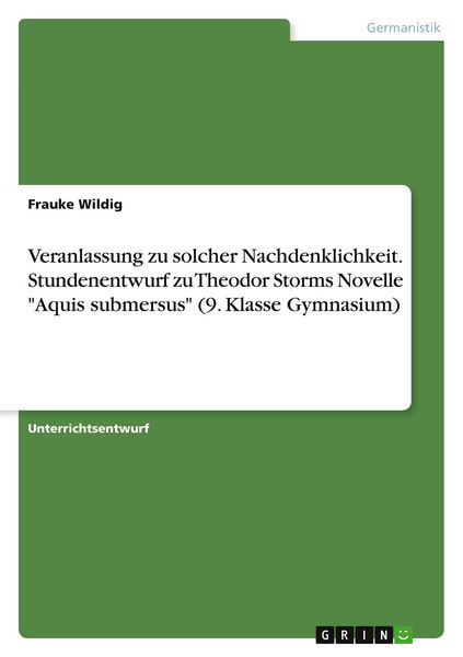 Veranlassung zu solcher Nachdenklichkeit. Stundenentwurf zu Theodor Storms Novelle 'Aquis submersus' (9. Klasse Gymnasium), Taschenbuch von Frauke