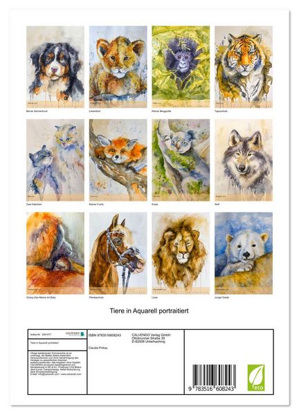 Produktbild: Tiere in Aquarell portraitiert (Wandkalender 2026 DIN A4 hoch), CALVENDO Monatskalender