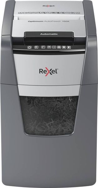 Rexel Optimum AutoFeed+ 150X Aktenvernichter 150 Blatt Partikelschnitt 4 x 28 mm P-4 44 l Vernichtet auch Büroklammern, 