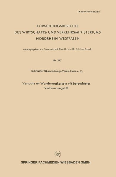 Produktbild: Versuche an Wanderrostkesseln mit befeuchteter Verbrennungsluft