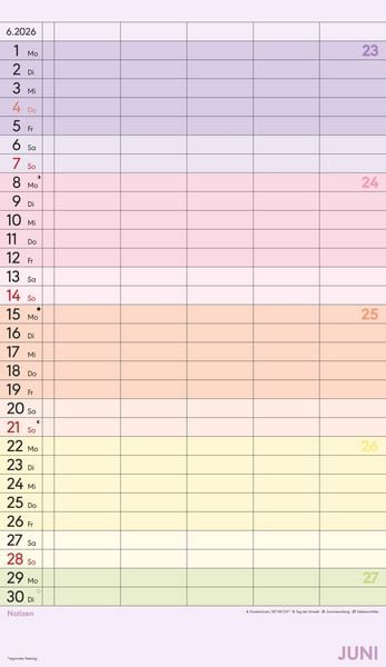 Produktbild: Superplaner Farbenfroh 2026 - 5 Spalten - Familienkalender 26x45 cm - Offset-Papier - mit Ferienterminen - Wandkalender - Wandplaner