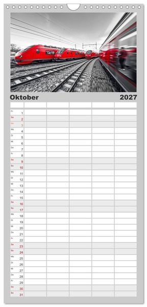 Produktbild: Familienplaner 2027 - BLITZschnell - Z&uuml;ge und Flugzeuge in Bewegung - Color-Key mit 5 Spalten (Wandkalender, 21 x 45 cm) CALVENDO