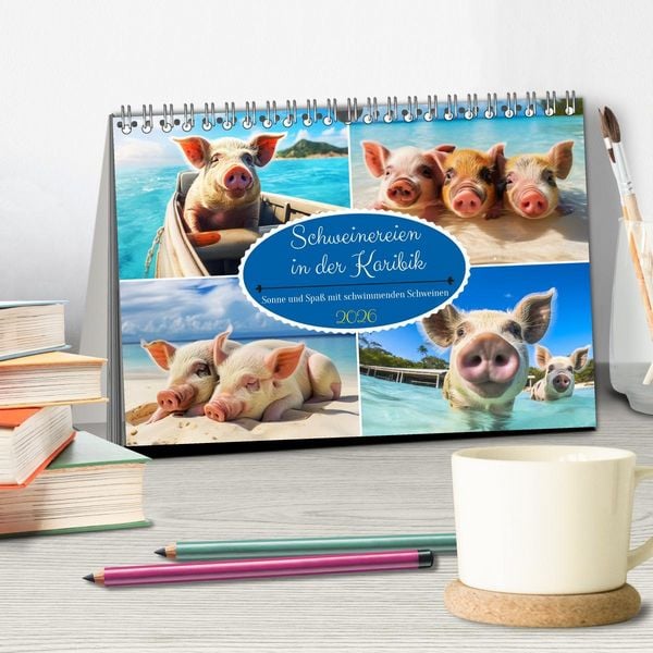Produktbild: Schweinereien in der Karibik. Sonne und Spa&szlig; mit schwimmenden Schweinen (Tischkalender 2026 DIN A5 quer), CALVENDO Monatskalender