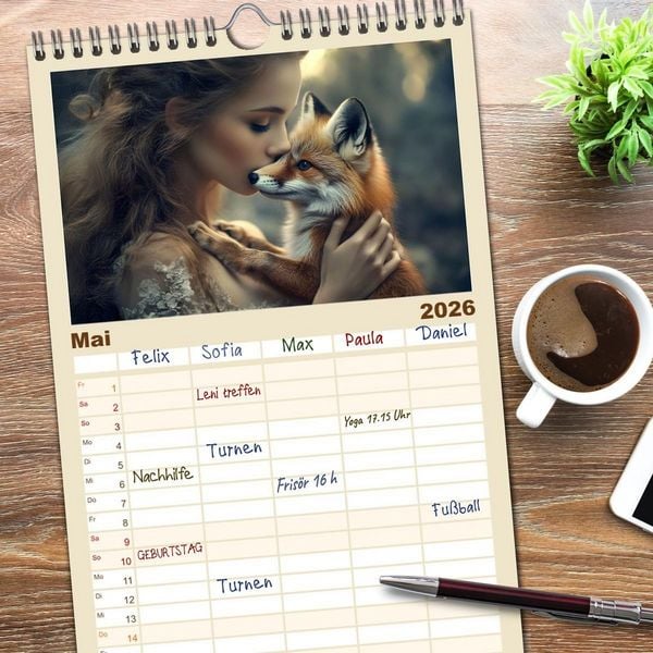 Produktbild: Familienplaner 2026 - Magische Tierliebe mit 5 Spalten (Wandkalender, 21 x 45 cm) CALVENDO
