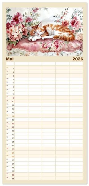Produktbild: Familienplaner 2026 - Katzensymphonie in Aquarell mit 5 Spalten (Wandkalender, 21 x 45 cm) CALVENDO