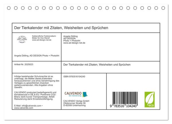 Produktbild: Der Tierkalender mit Zitaten, Weisheiten und Spr&uuml;chen (Tischkalender 2026 DIN A5 quer), CALVENDO Monatskalender