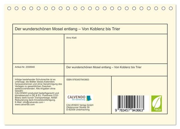 Produktbild: Der wundersch&ouml;nen Mosel entlang &ndash; Von Koblenz bis Trier (Tischkalender 2026 DIN A5 quer), CALVENDO Monatskalender
