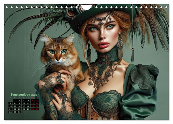 Produktbild: Luxuri&ouml;ser Bohemian Flair - Elegante Frauen mit anmutigen Katzen (Wandkalender 2026 DIN A4 quer), CALVENDO Monatskalender