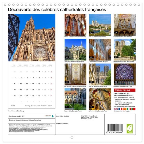 Produktbild: D&eacute;couverte des c&eacute;l&egrave;bres cath&eacute;drales fran&ccedil;aises (Calendrier mural carr&eacute; 2027 30x30 cm) Calendrier double avec une page pour vos prises de notes