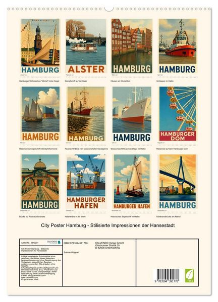 Produktbild: City Poster Hamburg - Stilisierte Impressionen der Hansestadt (hochwertiger Premium Wandkalender 2027 DIN A2 hoch), Kunstdruck in Hochglanz