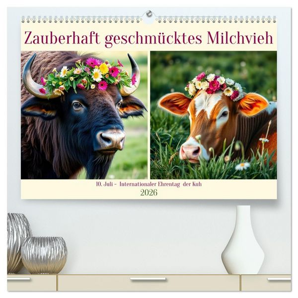 Zauberhaft geschmücktes Milchvieh (hochwertiger Premium Wandkalender 2026 DIN A2 quer), Kunstdruck in Hochglanz