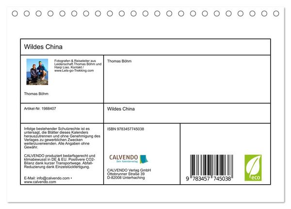 Produktbild: Wildes China (Tischkalender 2026 DIN A5 quer), CALVENDO Monatskalender