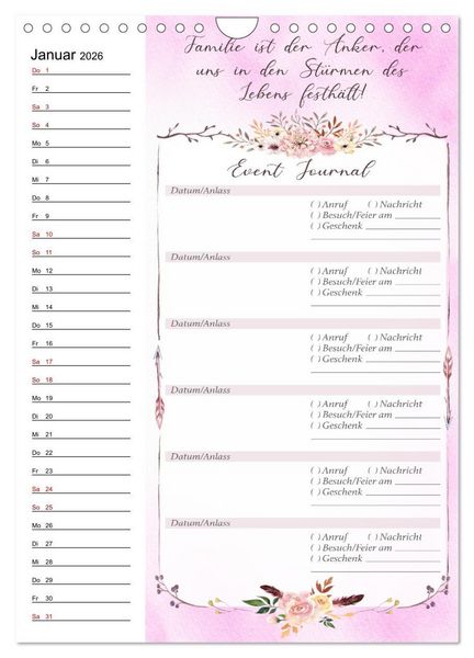 Produktbild: Geburtstagsplaner Boho Rosa - F&uuml;r Termine, Geschenke, Eventdetails & mehr (Wandkalender 2026 DIN A4 hoch), CALVENDO Monatskalender