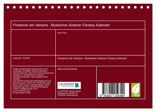 Produktbild: Finsternis der Vampire - Mystischer d&uuml;sterer Fantasy Kalender (Tischkalender 2026 DIN A5 quer), CALVENDO Monatskalender