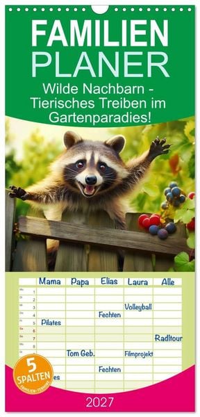 Produktbild: Familienplaner 2027 - Wilde Nachbarn - Tierisches Treiben im Gartenparadies! mit 5 Spalten (Wandkalender, 21 x 45 cm) CALVENDO
