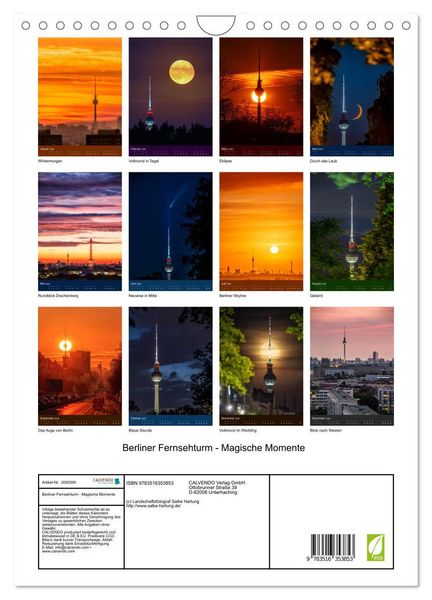 Produktbild: Berliner Fernsehturm - Magische Momente (Wandkalender 2026 DIN A4 hoch), CALVENDO Monatskalender