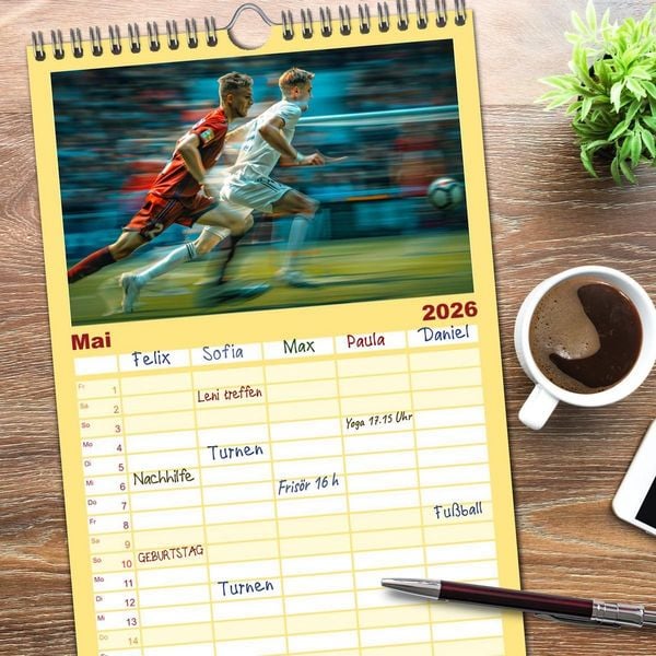 Produktbild: Familienplaner 2026 - Fu&szlig;ball - Dynamik am Ball mit 5 Spalten (Wandkalender, 21 x 45 cm) CALVENDO