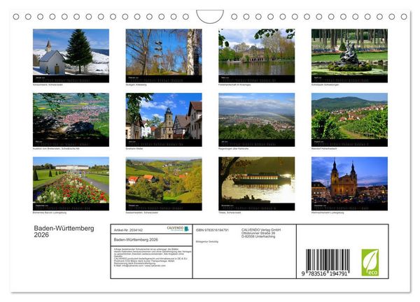 Produktbild: Baden-W&uuml;rttemberg 2026 (Wandkalender 2026 DIN A4 quer), CALVENDO Monatskalender
