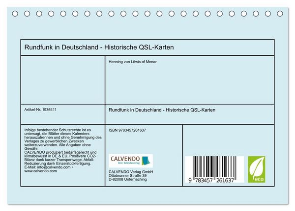 Produktbild: Rundfunk in Deutschland - Historische QSL-Karten (Tischkalender 2026 DIN A5 quer), CALVENDO Monatskalender