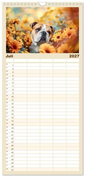 Produktbild: Familienplaner 2027 - Englische Bulldoggen im Bl&uuml;tenmeer mit 5 Spalten (Wandkalender, 21 x 45 cm) CALVENDO