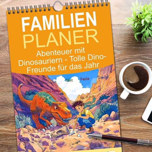 Produktbild: Familienplaner 2026 - Abenteuer mit Dinosauriern - Tolle Dino-Freunde f&uuml;r das Jahr mit 5 Spalten (Wandkalender, 21 x 45 cm) CALVENDO