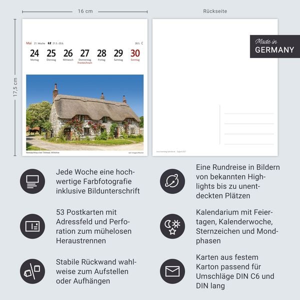 Produktbild: England Sehnsuchtskalender 2027 - Wochenkalender mit 53 Postkarten