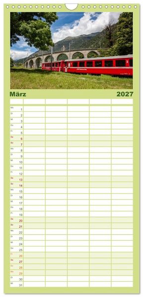 Produktbild: Familienplaner 2027 - Die Rh&auml;tische Bahn - Ein Kurztrip in die Schweiz mit 5 Spalten (Wandkalender, 21 x 45 cm) CALVENDO
