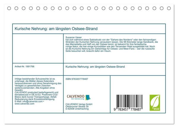 Produktbild: Kurische Nehrung: am l&auml;ngsten Ostsee-Strand (Tischkalender 2026 DIN A5 quer), CALVENDO Monatskalender