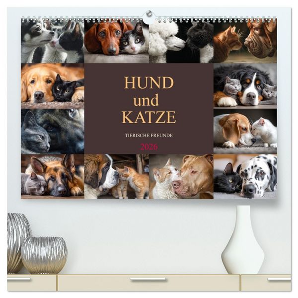 Hund und Katze - Tierische Freunde (hochwertiger Premium Wandkalender 2026 DIN A2 quer), Kunstdruck in Hochglanz