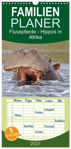 Produktbild: Familienplaner 2027 - Flusspferde Magie des Augenblicks - Hippos in Afrika mit 5 Spalten (Wandkalender, 21 x 45 cm) CALVENDO