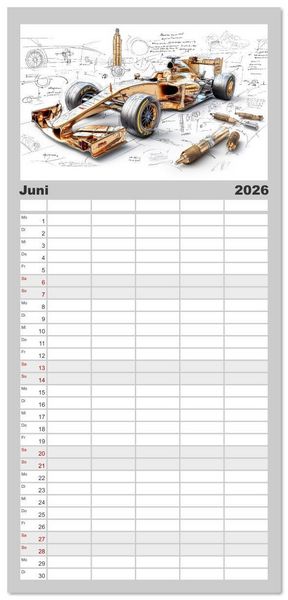 Produktbild: Familienplaner 2026 - Rennwagen - Design Studien mit 5 Spalten (Wandkalender, 21 x 45 cm) CALVENDO