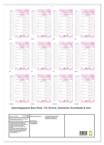 Produktbild: Geburtstagsplaner Boho Rosa - F&uuml;r Termine, Geschenke, Eventdetails & mehr (Wandkalender 2026 DIN A2 hoch), CALVENDO Monatskalender