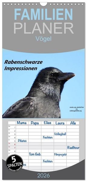 Produktbild: Familienplaner 2026 - Rabenschwarze Impressionen - meike-ajo-dettlaff.de via wildvogelhlfe.org mit 5 Spalten (Wandkalender, 21 x 45 cm) CALVENDO