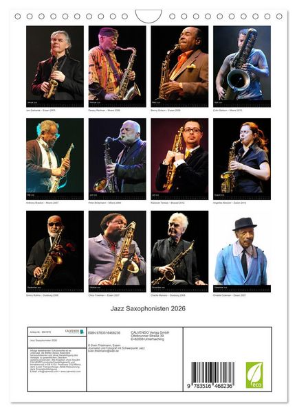 Produktbild: Jazz Saxophonisten 2026 (Wandkalender 2026 DIN A4 hoch), CALVENDO Monatskalender