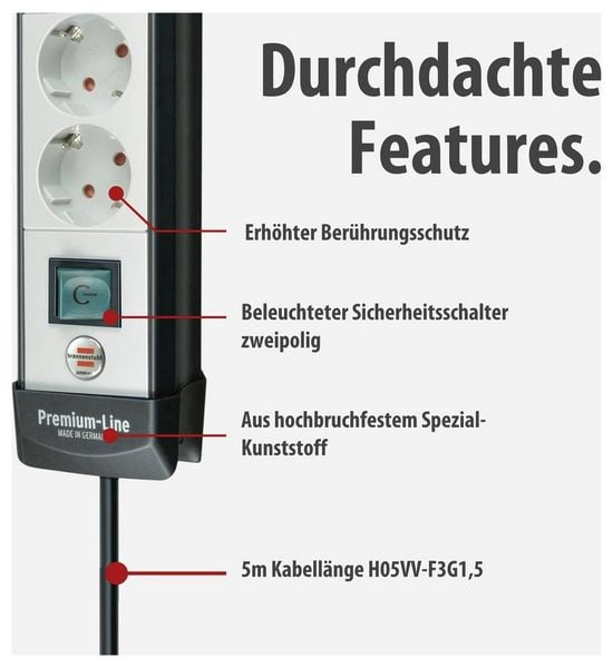 Produktbild: Brennenstuhl 1951540101 Steckdosenleiste mit Schalter 4fach Schwarz, Lichtgrau Schutzkontakt 1 St.